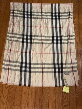 Burberry Cream Plaid Lightweight Scarf with Black, Gray and Red Stripes